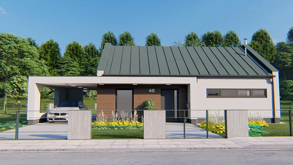 Vizualizace dřevostavby Alex – bungalov 3+KK, 90 m² se sedlovou plechovou střechou a krytým stáním pro auto