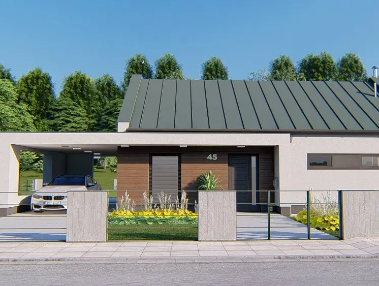 Vizualizace dřevostavby Alex – bungalov 3+KK, 90 m² se sedlovou plechovou střechou a krytým stáním pro auto