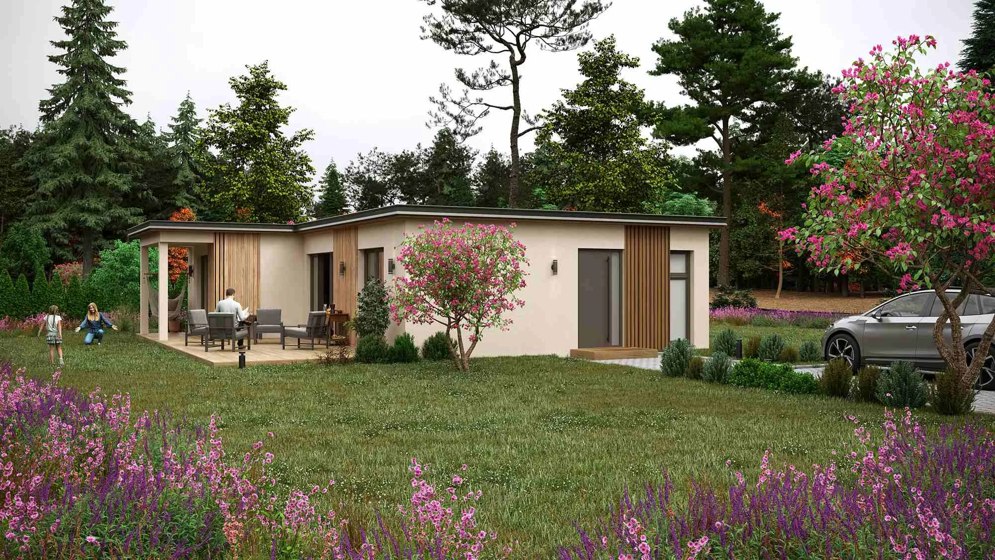 Vizualizace dřevostavby Eric – bungalov 3+KK, 92 m² s plochou střechou a prostornou terasou
