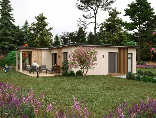 Vizualizace dřevostavby Eric – modulový bungalov 3+KK, 92 m² s plochou střechou a prostornou terasou