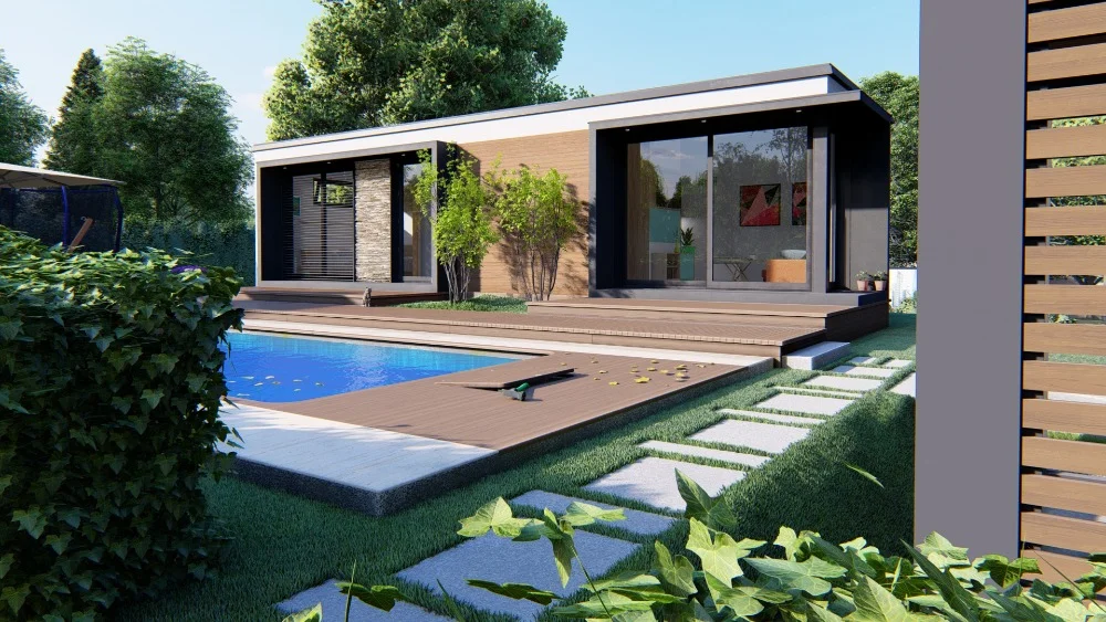 Vizualizace modulového domu I Exclusive – prémiový bungalov 2+KK, 49 m² s plochou střechou a prosklenými stěnami