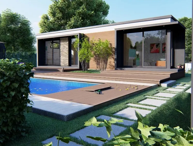 Vizualizace modulového domu I Exclusive – prémiový bungalov 2+KK, 49 m² s plochou střechou a prosklenými stěnami