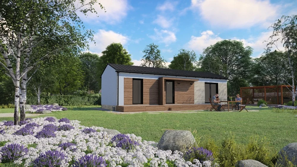 Vizualizace modulového domu I – kompaktní bungalov 2+KK, 49 m² se sedlovou střechou a dřevěným obkladem