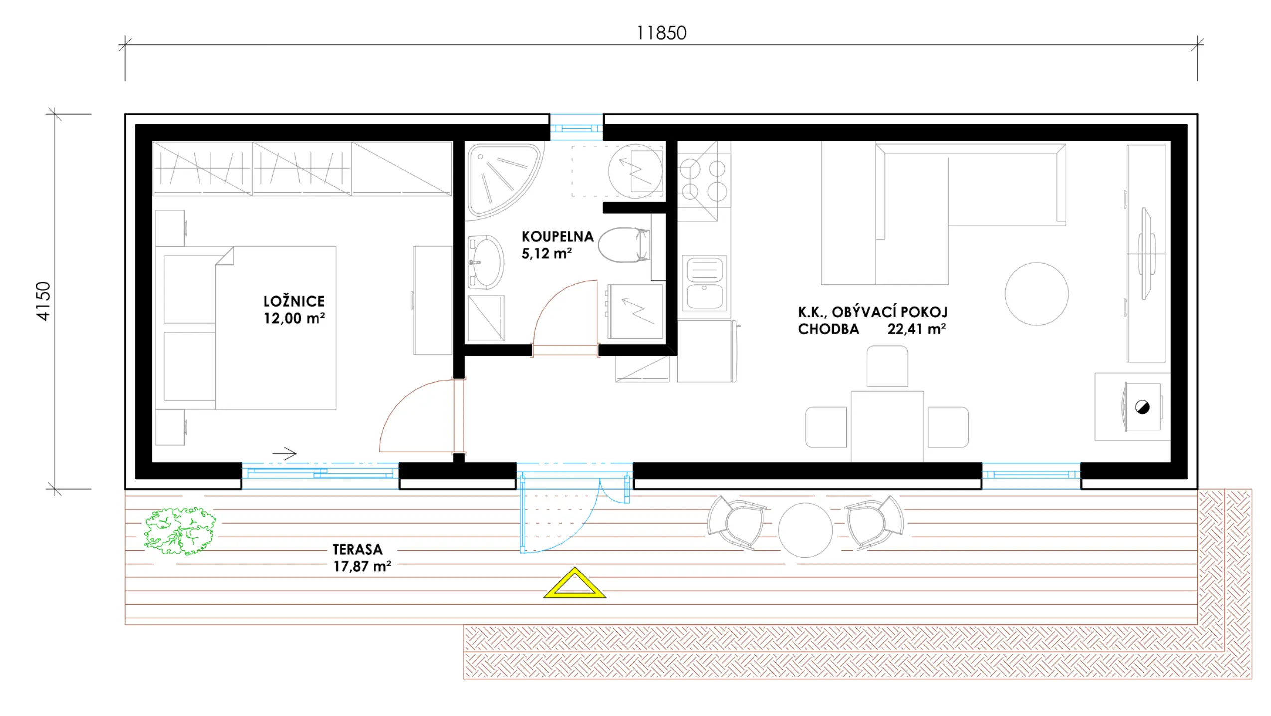 Půdorys modulového domu I – dispozice 2+KK, 49 m²