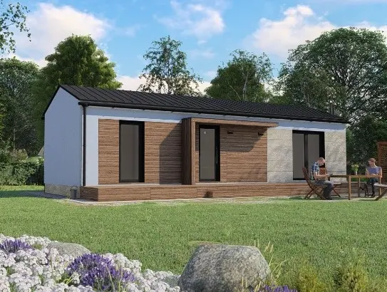 Vizualizace modulového domu I – kompaktní bungalov 2+KK, 49 m² se sedlovou střechou a dřevěným obkladem