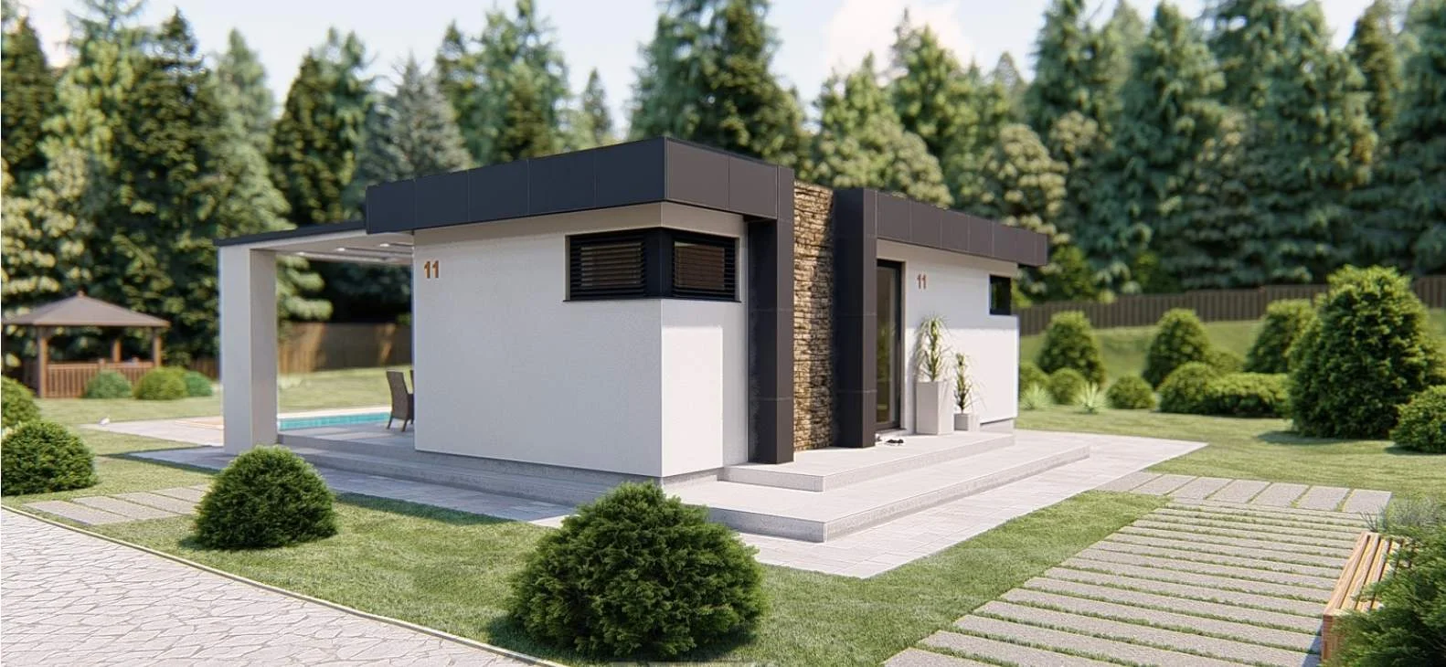 Vizualizace modulového domu L Exclusive – prémiový bungalov 2+KK, 53 m² s plochou střechou a kamenným obkladem