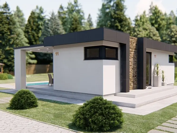 Vizualizace modulového domu L Exclusive – prémiový bungalov 2+KK, 53 m² s plochou střechou a kamenným obkladem