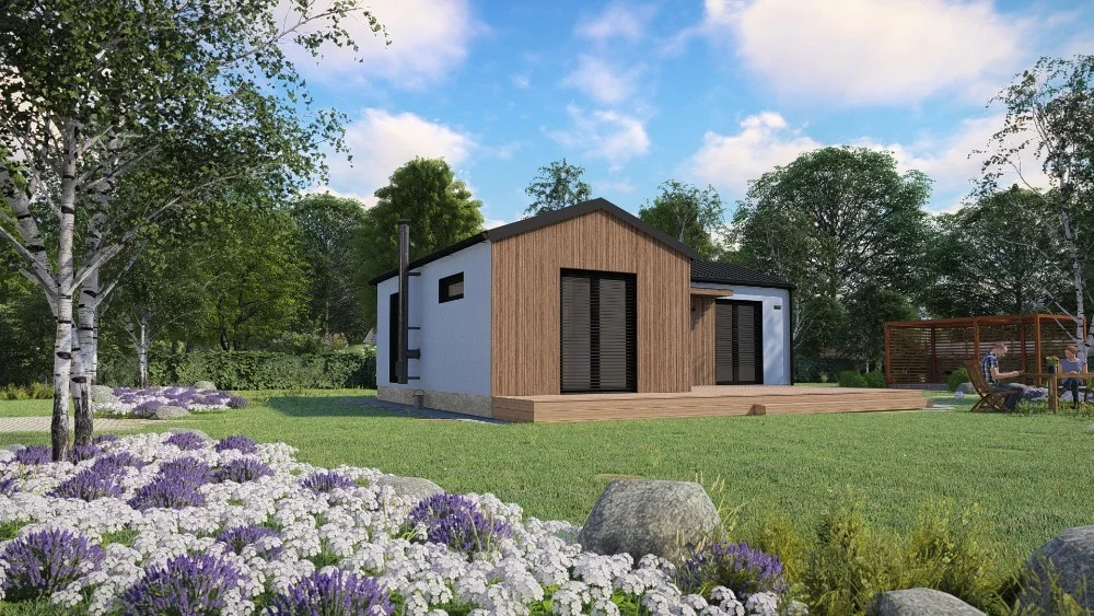 Vizualizace modulového domu L &bdquo;Venkov&ldquo; – bungalov 2+KK, 53 m² ve venkovském stylu se sedlovou střechou a dřevěným obkladem