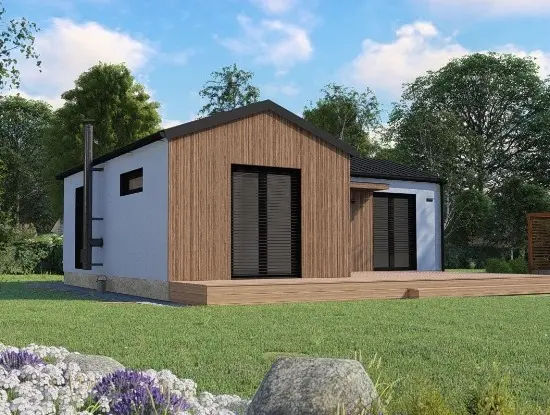 Vizualizace modulového domu L „Venkov“ – bungalov 2+KK, 53 m² ve venkovském stylu se sedlovou střechou a dřevěným obkladem
