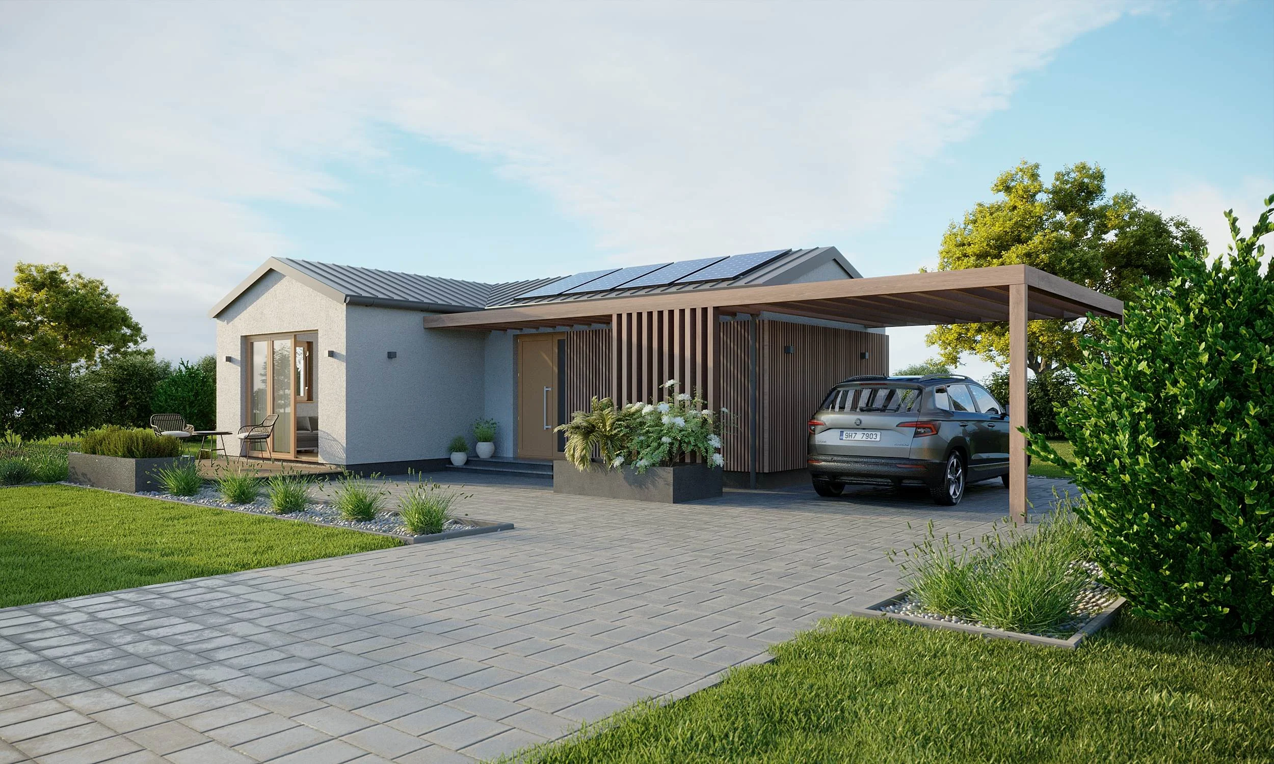 Vizualizace modulového domu L – bungalov 2+KK ve tvaru L, 53 m² s pultovou střechou a krytým stáním pro auto