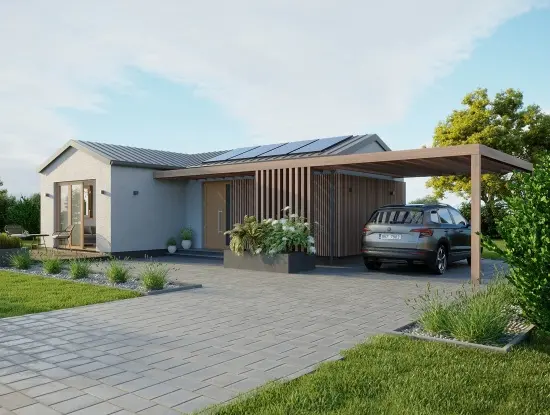 Vizualizace modulového domu L – bungalov 2+KK ve tvaru L, 53 m² s pultovou střechou a krytým stáním pro auto