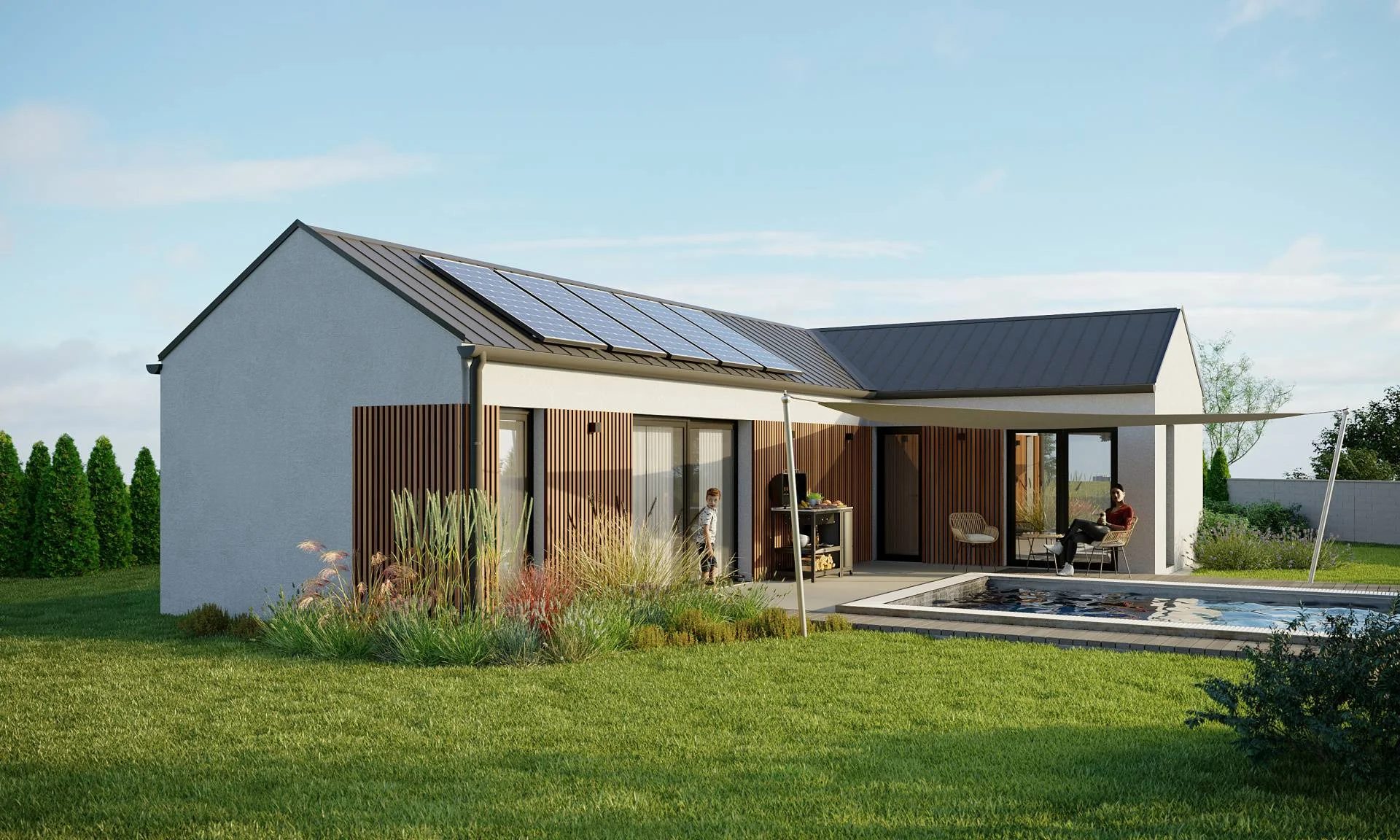 Vizualizace modulového domu T – bungalov 3+KK, 88 m² se sedlovou střechou, dřevěnými lamelami a fotovoltaikou