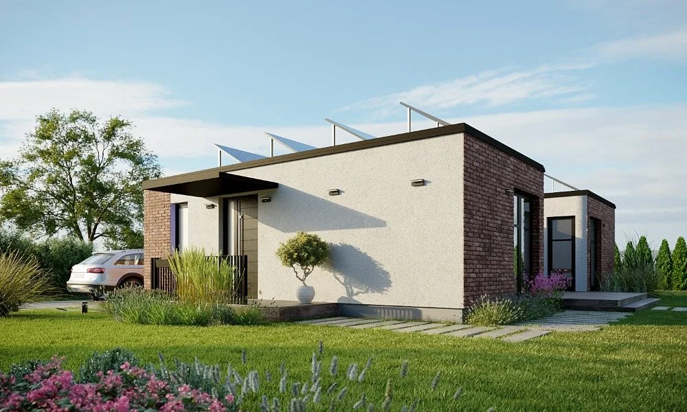 Vizualizace modulového domu U – bungalov 3+KK ve tvaru U, 89 m² s plochou střechou a vnitřním atriem
