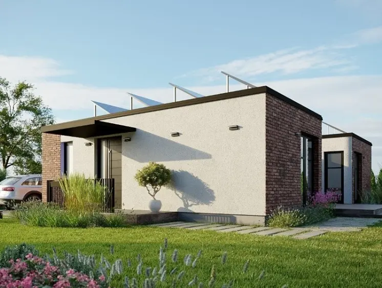 Vizualizace modulového domu U – bungalov 3+KK ve tvaru U, 89 m² s plochou střechou a vnitřním atriem