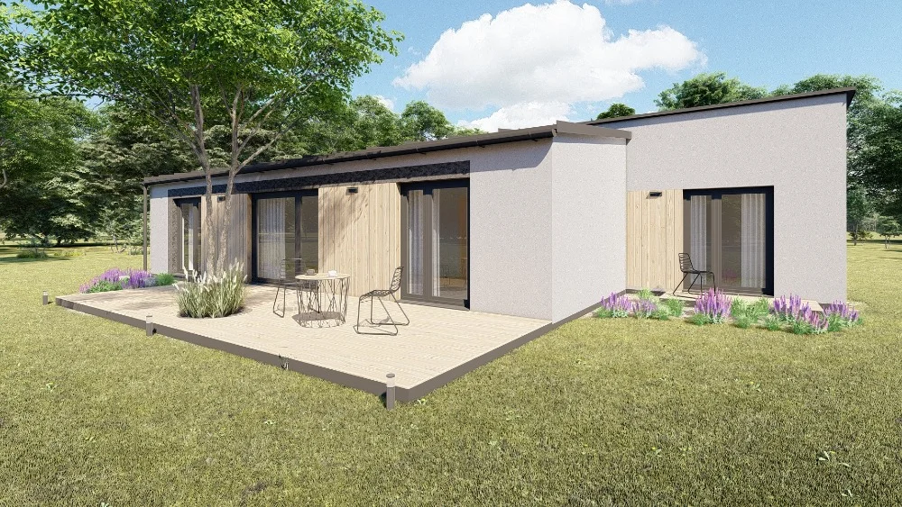 Vizualizace modulového domu Z – variabilní bungalov 3+KK / 4+KK, 96 m² s plochou střechou a kamenným obkladem