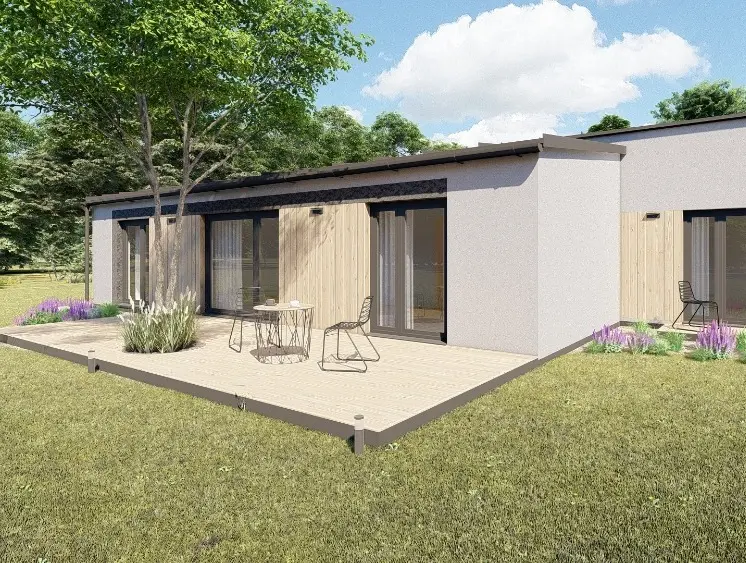 Vizualizace modulového domu Z – variabilní bungalov 3+KK / 4+KK, 96 m² s plochou střechou a kamenným obkladem