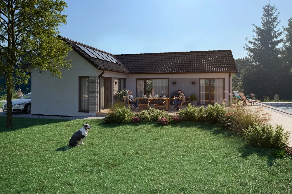 Vizualizace dřevostavby Nikolas – bungalov 4+KK, 90 m² se sedlovou střechou a fotovoltaickými panely