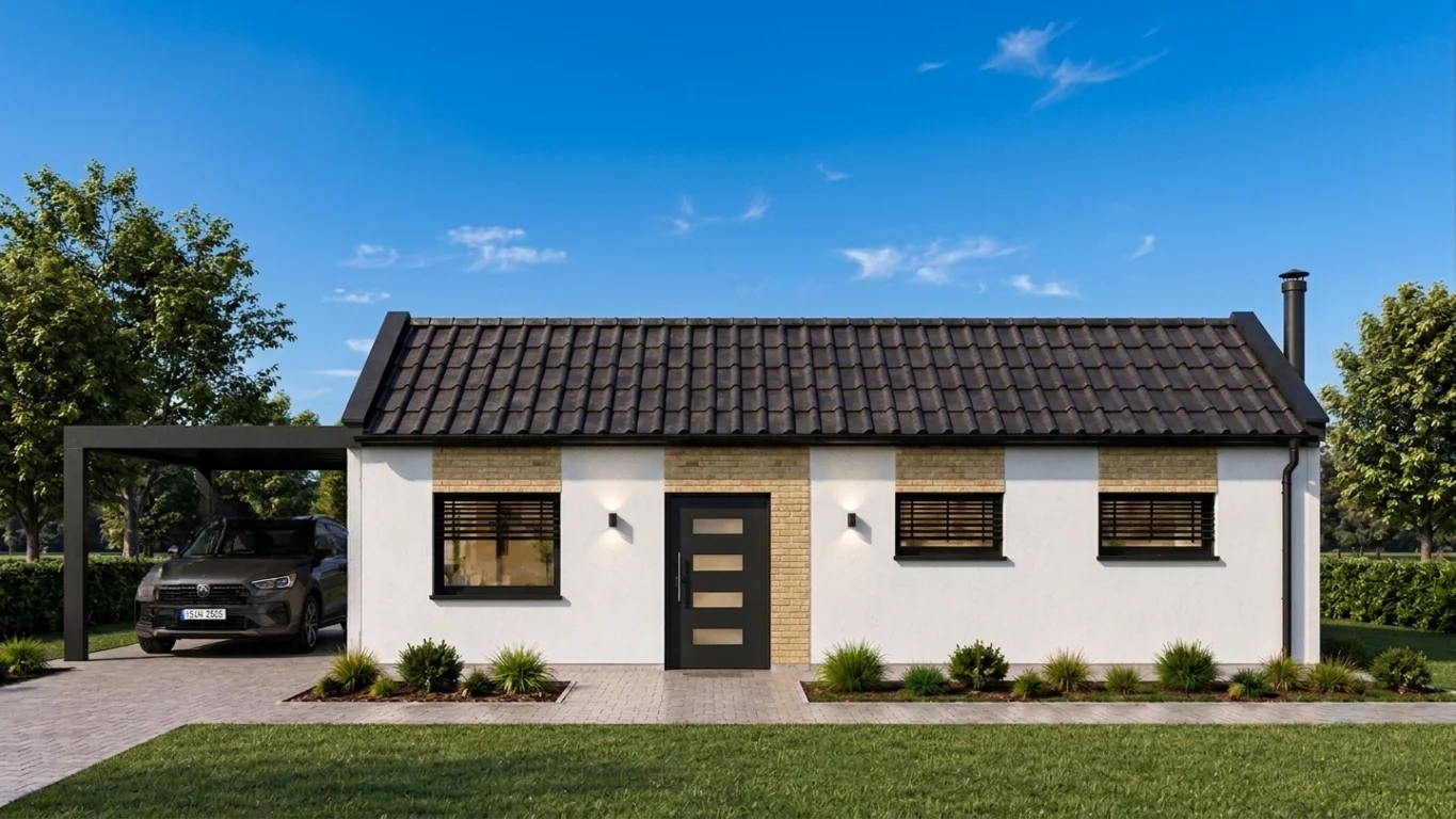 Vizualizace dřevostavby Oliver – přízemní bungalov 4+KK, 96,11 m² s moderní siluetou bez střešních přesahů a velkými okny