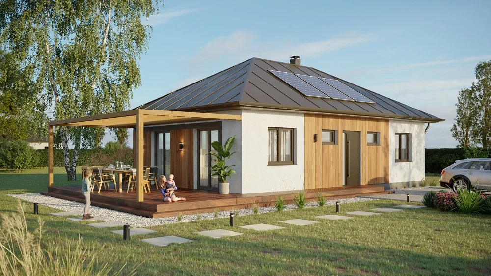 Vizualizace dřevostavby Samuel – moderní přízemní bungalov 4+KK, 94,96 m² s čistými liniemi a velkými prosklenými plochami